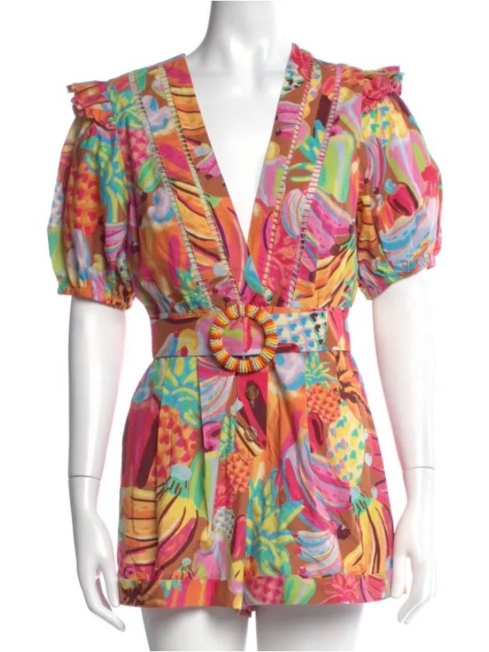 FARM Rio Multicolor V-Neck Mini Dress with Beaded Buckle